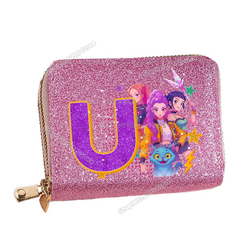 Korean Pop Demon Hunters Letter A-Z Women Short Wallet Bling Sequin Pu Leather Wallets Zipper Coin Purse ID Card Holder Girl Purse