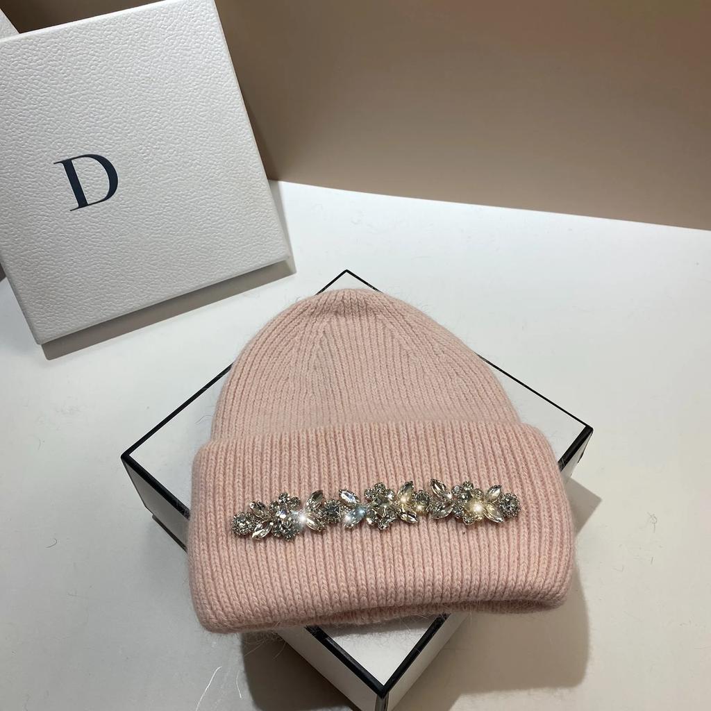 2024Mode Damen Wintermütze Echtes Kaninchenfell Gestrickte Mützen Diamanten Blume Damen Freizeit Hüte Warme Wolle Skullies Beanies