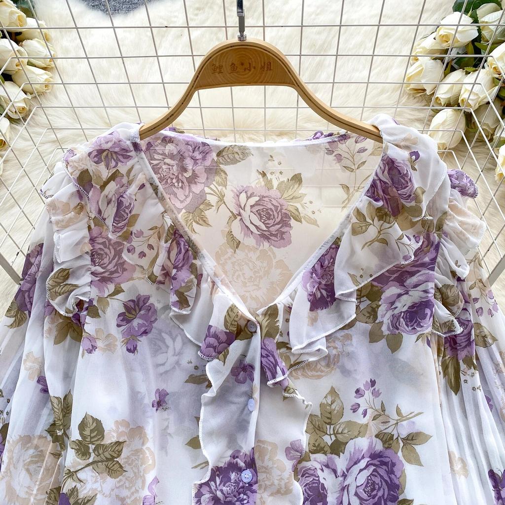 Chemises en mousseline de soie imprimées pour femmes, nouveau haut à volants doux, col en v, Design plissé, manches lanternes, début du printemps, 2024