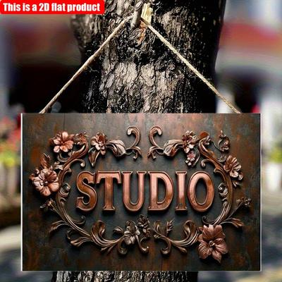 Letrero Decorativo de Madera Estilo Vintage "STUDIO" 2D plano 30*20cm, exquisitos patrones de flores Placa de Madera para Colgar en la Pared, Adecuado estudio de cine, grabación