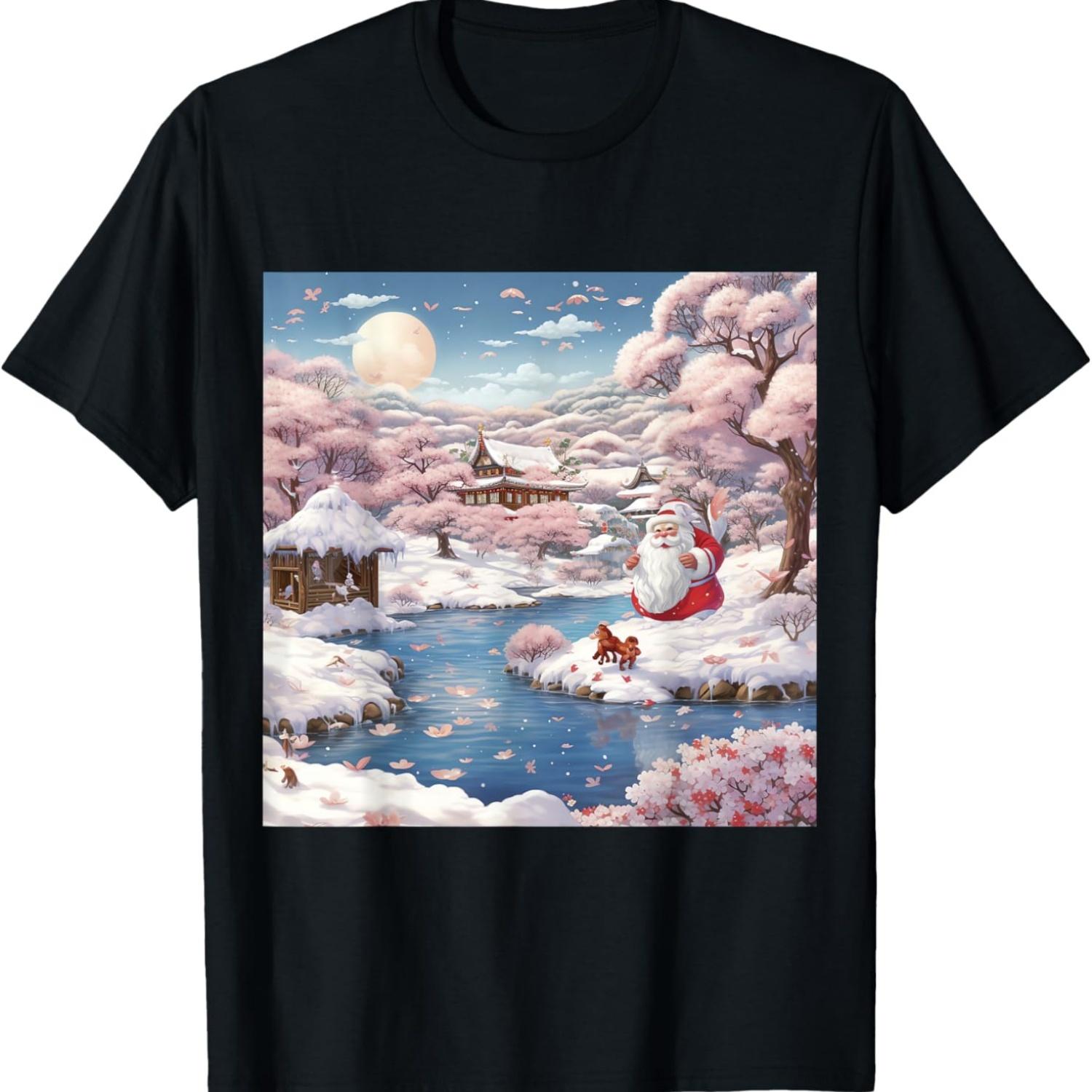 Cute Santa Claus Snow Holiday Pond Cherry Blossom T-Shirt S чёрный