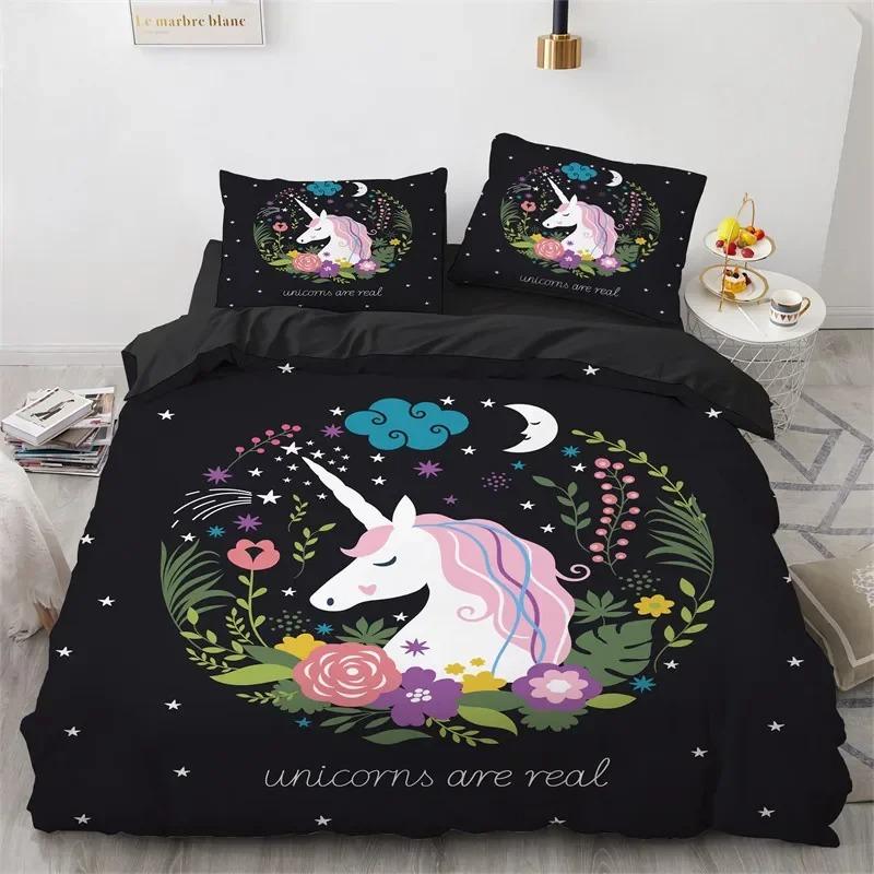 Cartoon Unicorn Duvet Cover Floral Bedding Set Microfiber Flying Horse Comforter Cover Full Queen For Boys Girls Bedroom Decor
