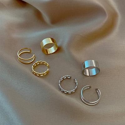 Women Korea Geometric Round Metal Vintage Chain Jewelry Rings Set Open Rings Women Gifts
