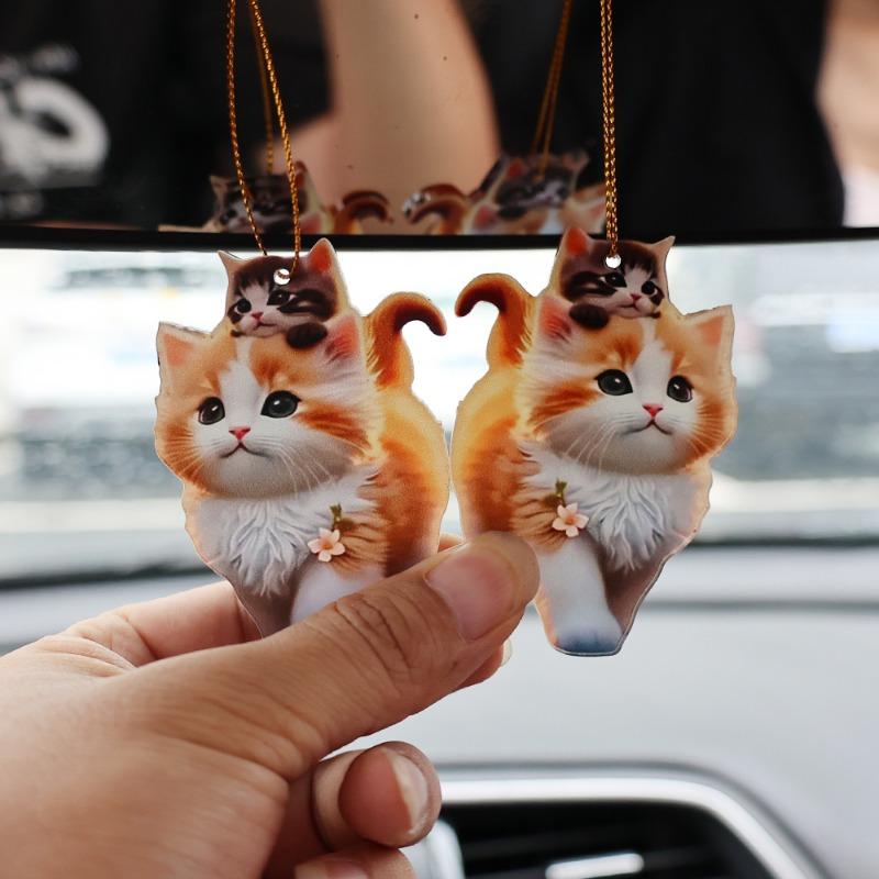 Cute Cat Car Pendant 3D Acrylic Flat Decoration Pendant Car Rearview Mirror Backpack Simulated Animals Decorative Accessories