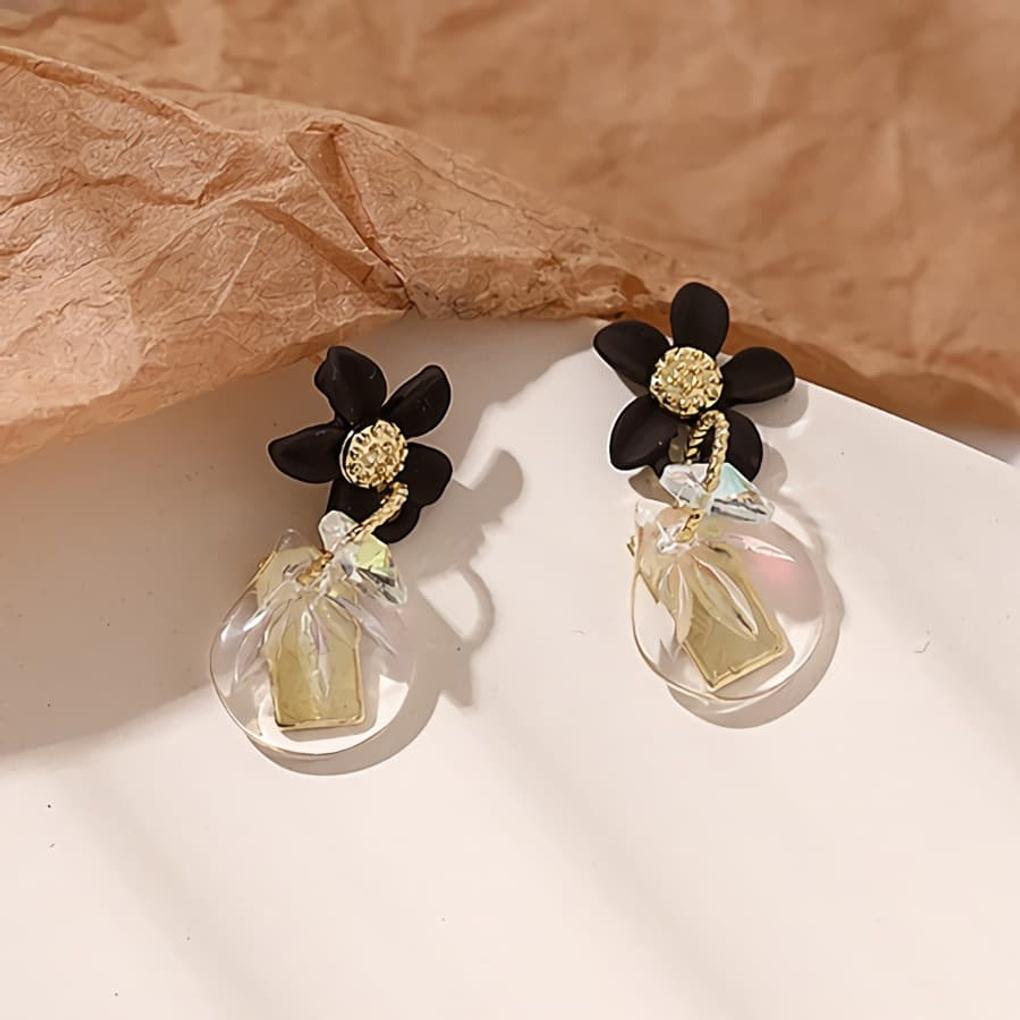 Women's Black Flower Rainbow Cubic Silver Needle Earrings