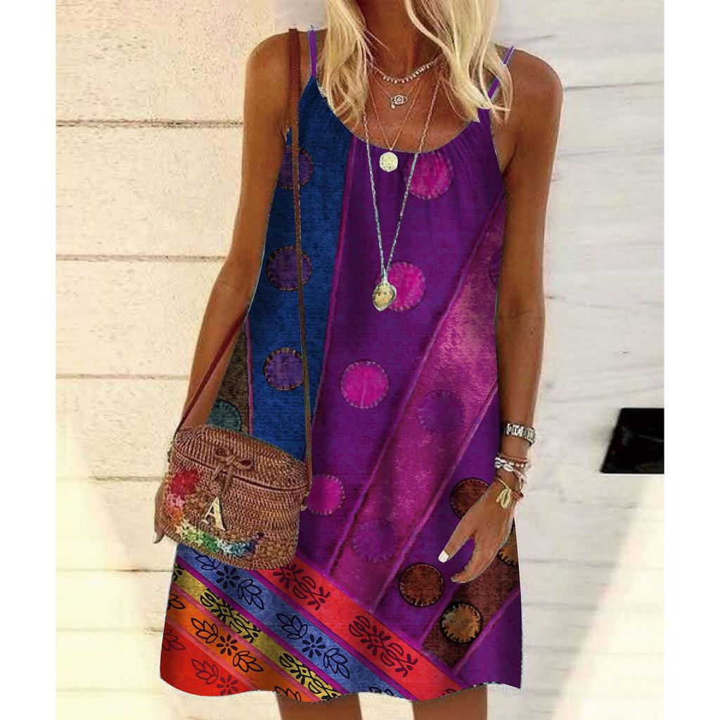 Women's Fashion Retro Multicolor Printed Loose Pullover Suspender Dress