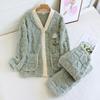 Bestickte Blumen-Pyjama V-Ausschnitt Schlafanzug Set Damen Winter Dicke Flanell Hausanzug mit Tasche Warm Korallenfleece Nachtwäsche