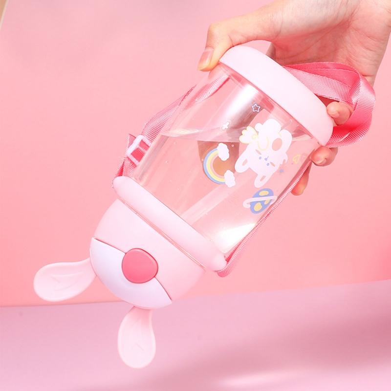 Children School Drinking Water Straw Bottle Cartoon Bunny Straw Baby Cup with Shoulder Strap Water Bottle Kitchen Accessories