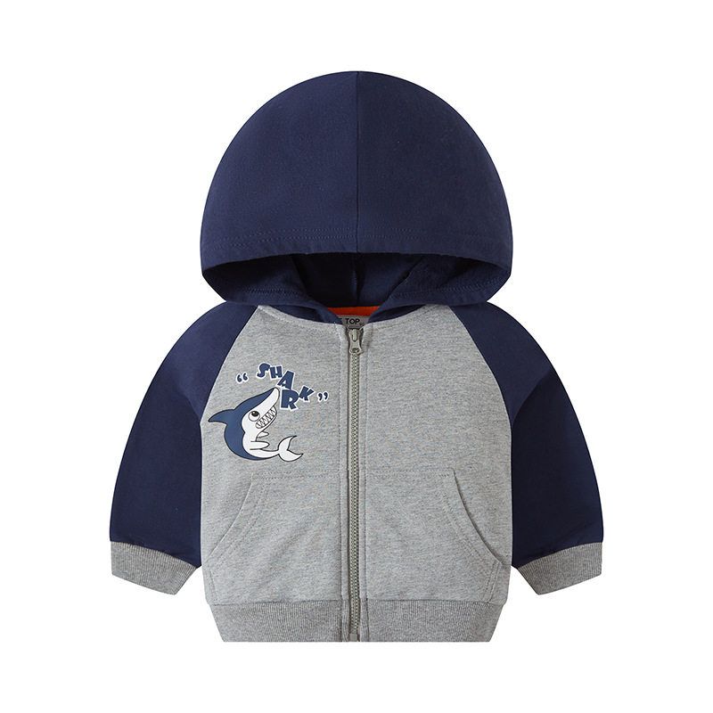 Kids  Overcoat Pure Cotton Cardigan Spring and Autumn Clothing Zipper Hoodle Sweatshirt Boys  Shark Hoodie Western Style Top Children s Clothing Royal Blue 110