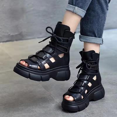 2025 New Summer Black Women Pu Leather Sandals Cool Ankle Boots Platform Shoes Wedges Women's Sandals Fashion Outdoor Sandalias