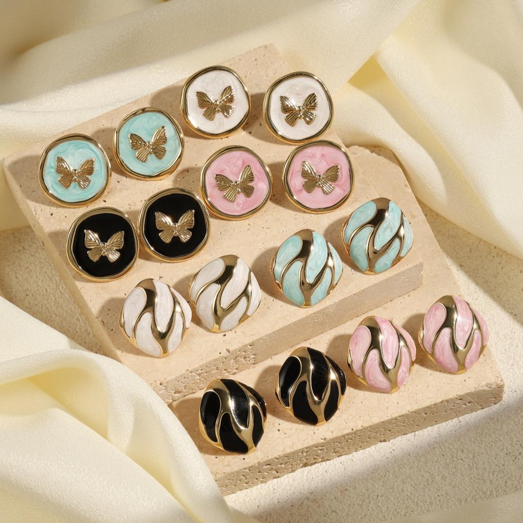 Htpwe Stainless Steel Dripping Round Butterfly Stud Earrings Women 18k Gold Couple Holiday Gift Earrings Party Daily Zircon