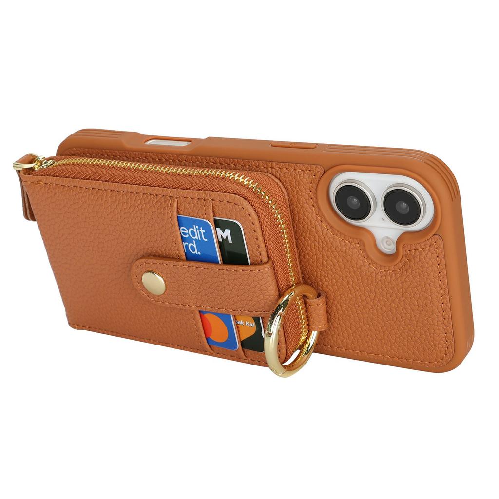 For iPhone 16 Case with Zipper Pouch/Ring Kickstand/Strap Litchi Texture PU + TPU Phone Cover