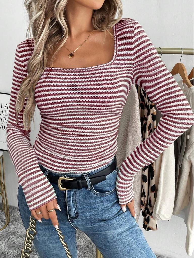 Real European and American 2025 new women's T-shirt square neck pullover slim-fitting knitted long-sleeved bottoming shirt