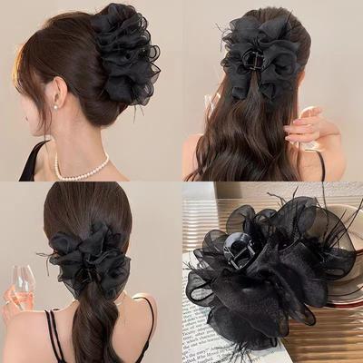 Sweet Tulle Big Bow Hair Claw Clips For Women Solid Colours Elegant Floral Ponytail Clip Headdress Accessories
