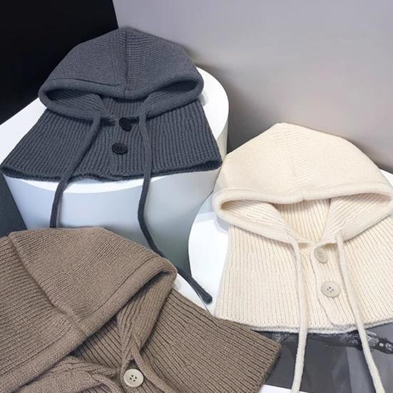 Huvförsedd halsduk mössa enfärgad justerbar dragsko överdragströja mössa knappar stängning stickad vintermössa lös passform halsvärmare