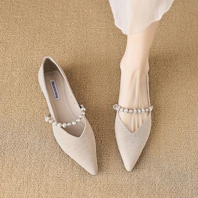 Pointed Single Shoes Female Flat Bottom French Evening Evening Wind Pearl Soybean Shoes Shallow Mouth Large Size Women's Shoes