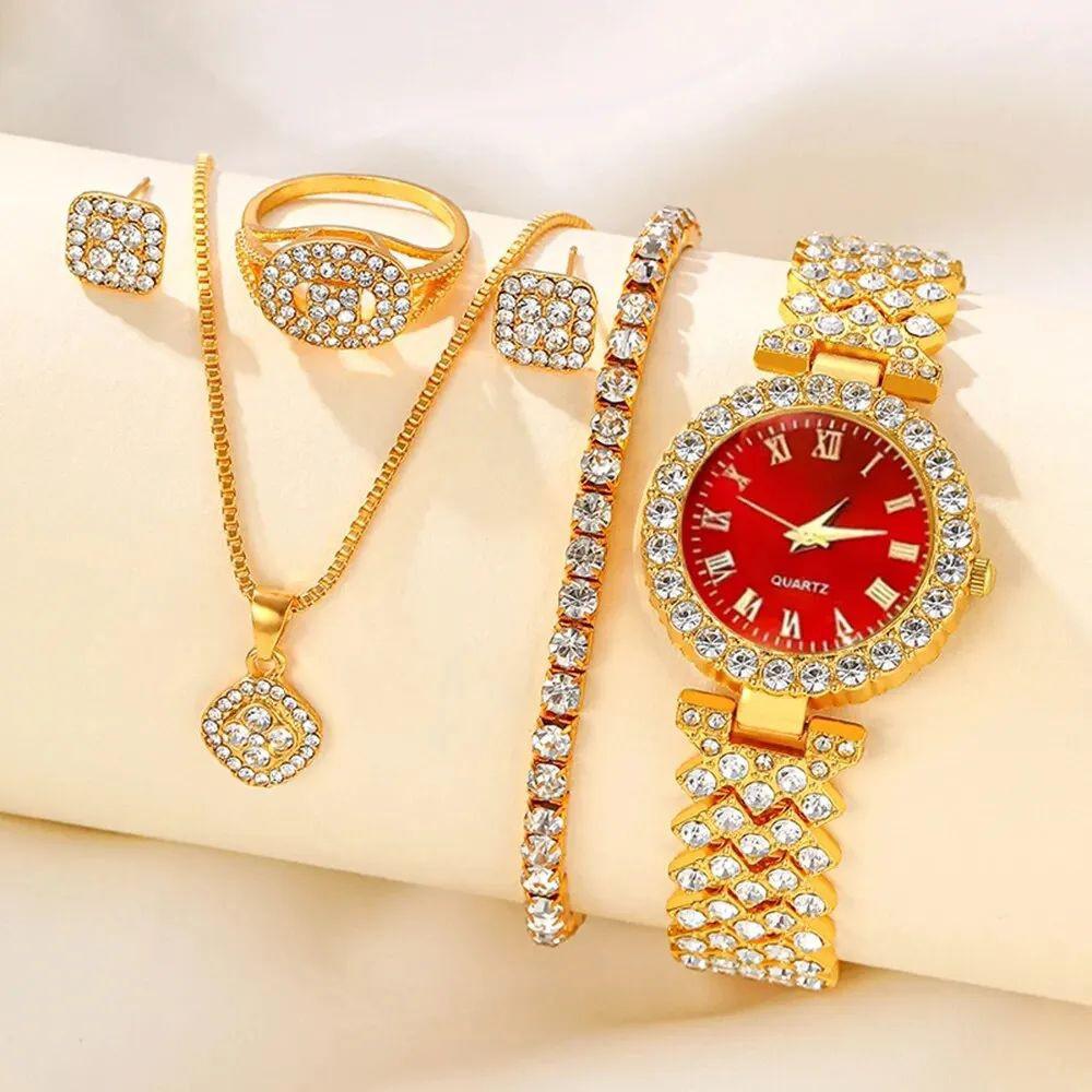 Set de 5 ceasuri de damă cu quartz și brățară cu strasuri - La modă și versatil