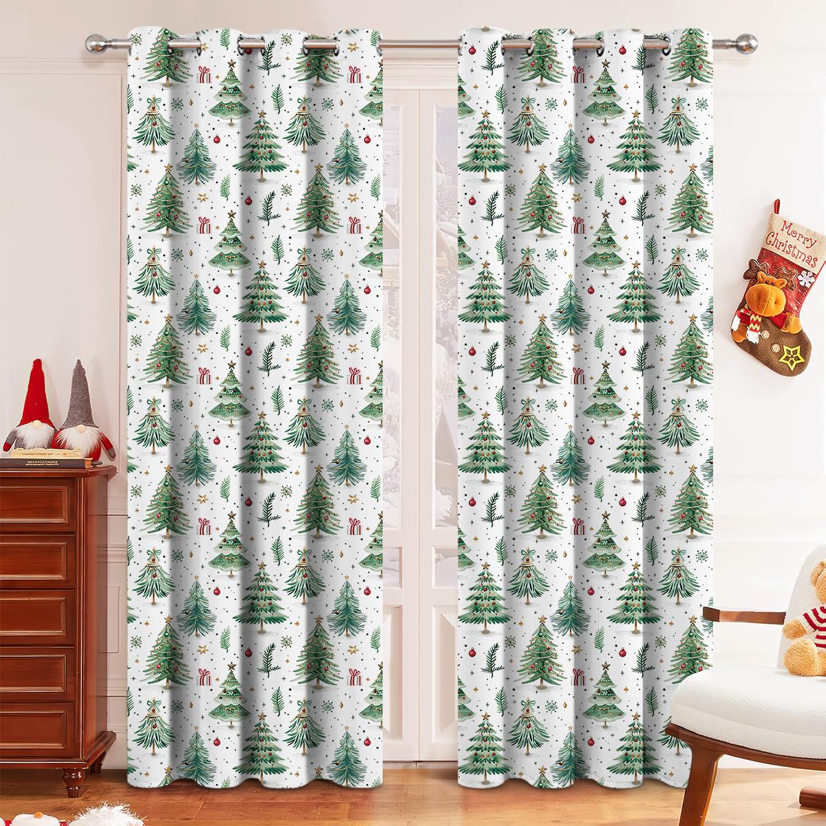 

Christmas Perforated Finished Curtains Forest Printed Blackout Curtains Christmas Window Decoration Props Home Decor 1PCS 100X130cm