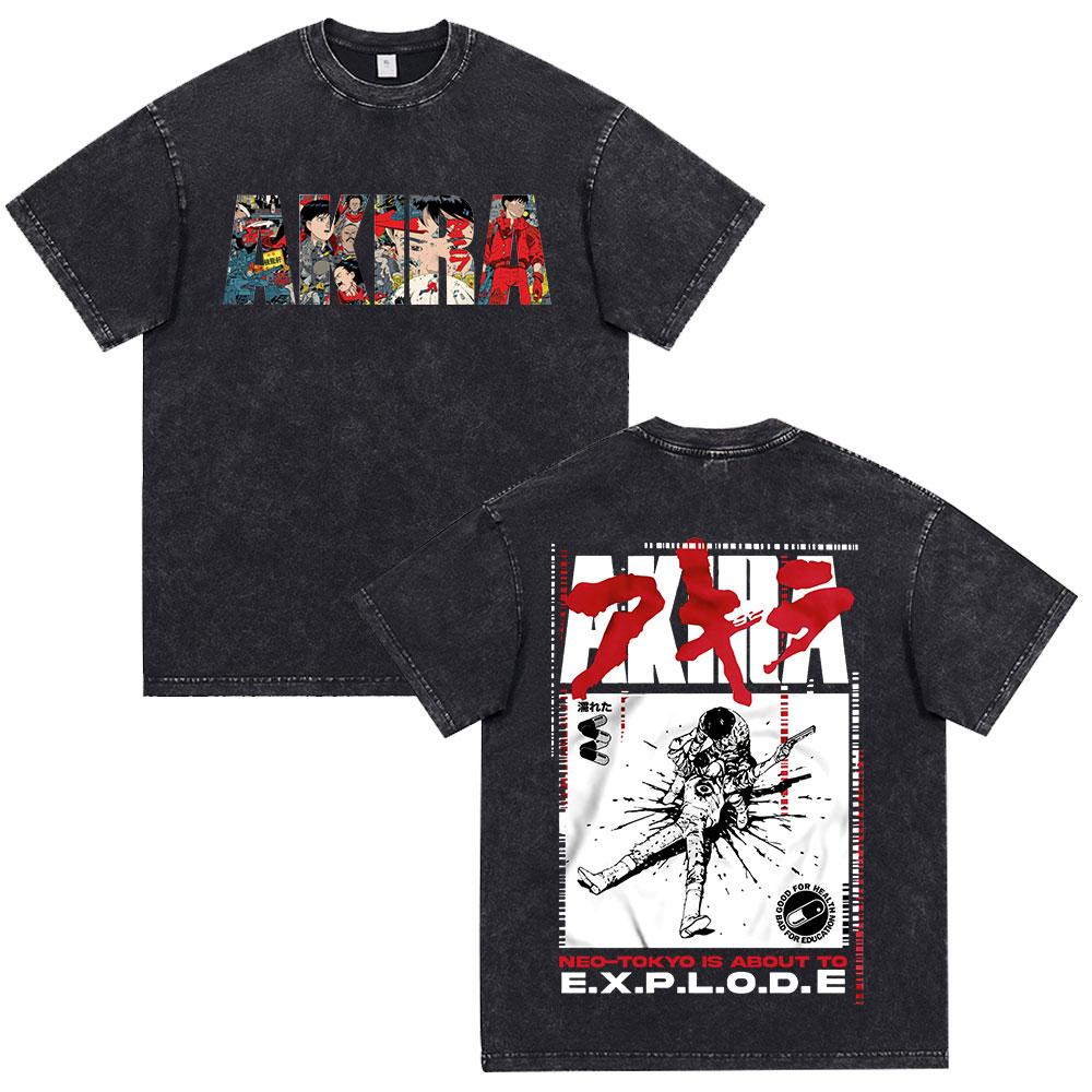 Anime Akira Vintage Washed T Shirt 90s Science Fiction Movie Shotaro Kaneda Short Sleeve T Shirts Cotton Casual Loose T-shirts