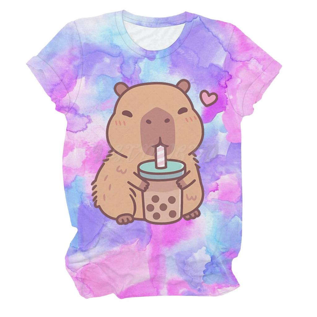 Women's Clothing Tie Dye Animal Graphic Lover Gift Shirt Tee Capybara Kawaii Cartoon T-shirts Crew Neck Casual Summer Drink Tops