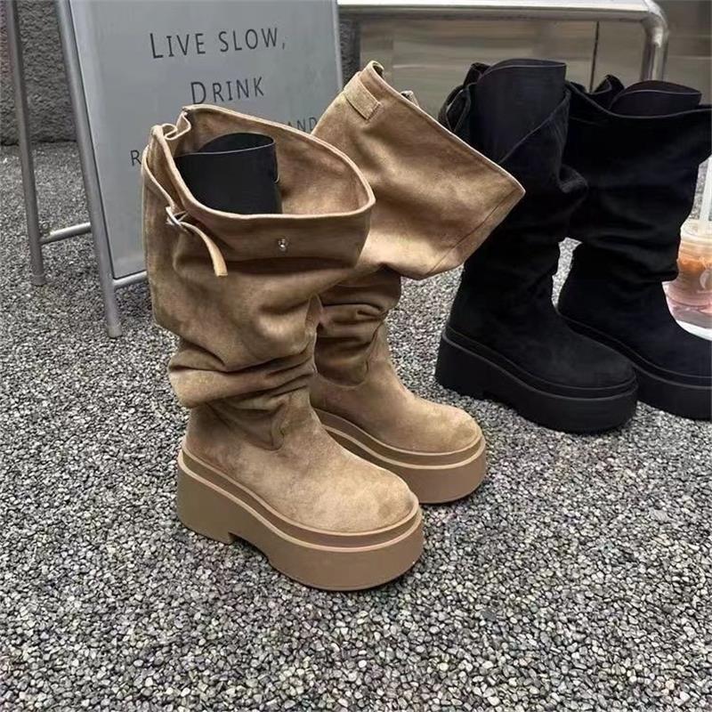 Fashion Women's Fashion Thick Heels Knee High Boots Khaki Flock Slip On Western Boots Woman Spring Autumn Soft Leather Short Botas Mujer