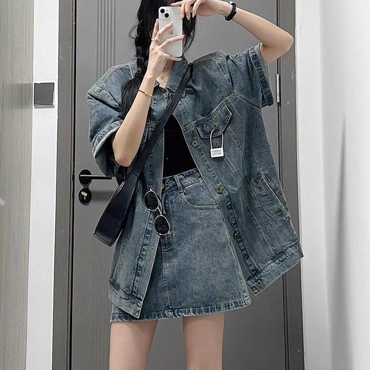 Women's Summer Retro Loose-Fit Denim Two-Piece Skirt and Shirt Set