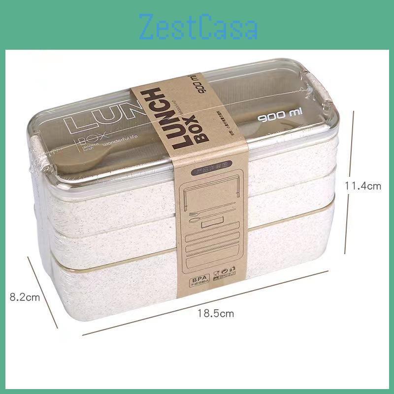 Wheat Fiber Straw Threelayer Square Plastic Lunch Box Student Adult Lunch Box With Tableware Can