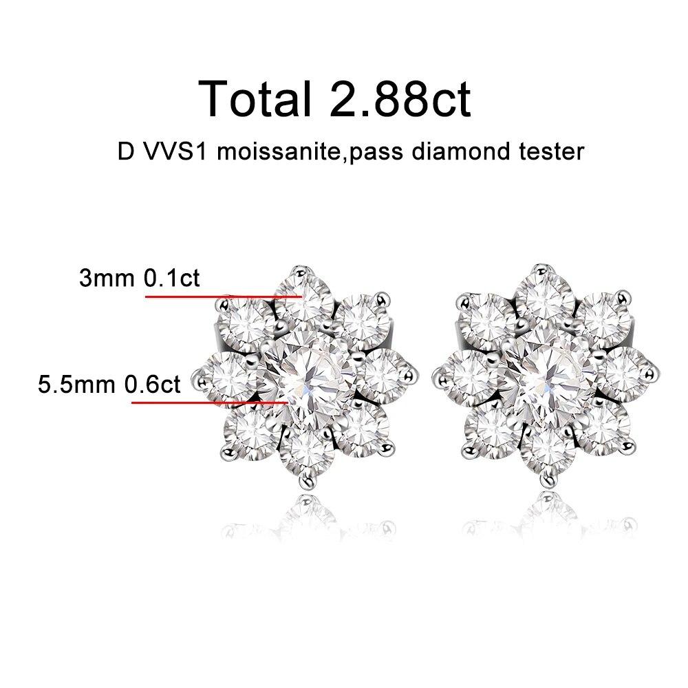 D Color VVS1 All Moissnaite Diamond Earring for Women 925 Sterling Sliver Plated 18k White Gold Stud Ear Wedding Fine Jewelry