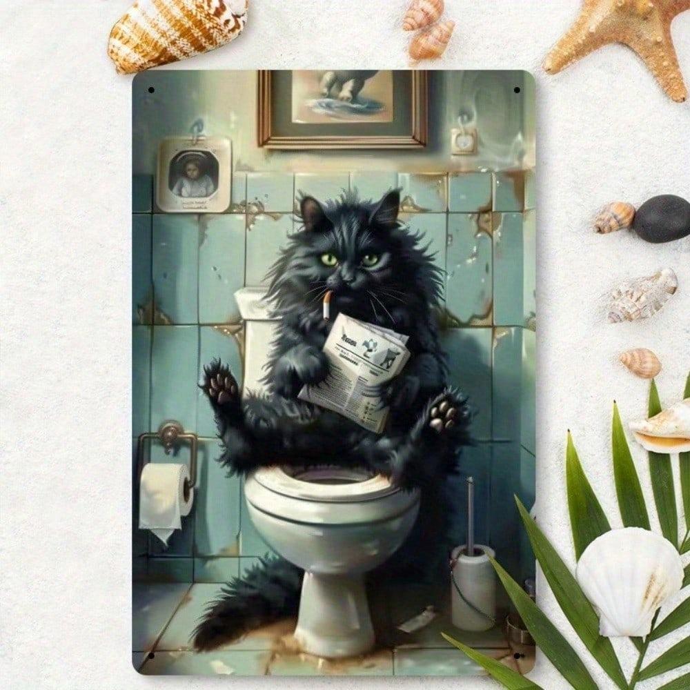 Funny Black Cat Reading Newspaper On Toilet Tin Metal Sign Wall Art Home Decor 8x12 Inch
