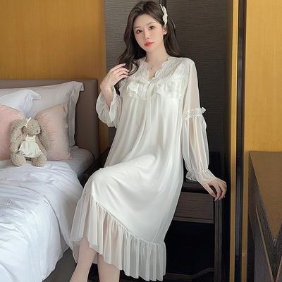 Ling Lei Chunqiu Solid Color V-Neck Lace Bow Mesh Court Princess Style Medium Long Pajamas Pajamas Homewear