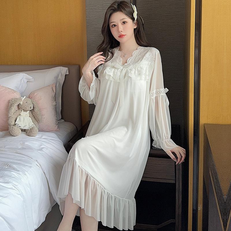 Ling Lei Chunqiu Solid Color V-Neck Lace Bow Mesh Court Princess Style Medium Long Pajamas Pajamas Homewear