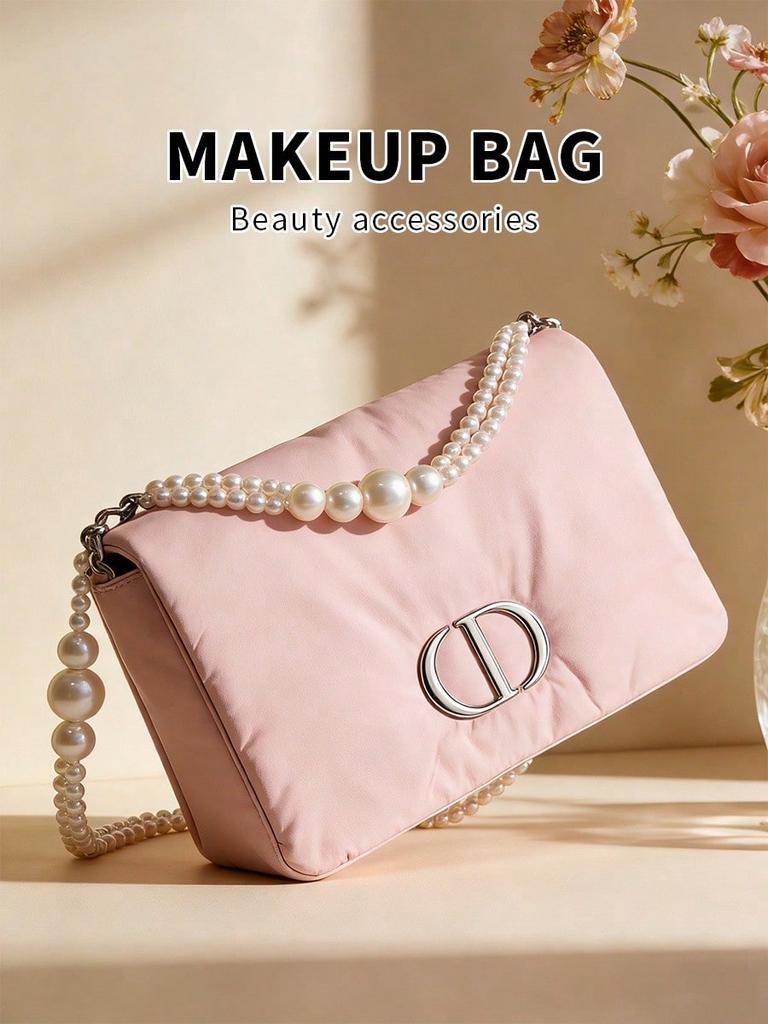 Dior DIY kosmetická taštička, přenosná růžová úložná taštička na kosmetiku s řemínkem na perlový řetízek, velkokapacitní cestovní organizér na kosmetiku pro ženy