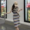 Striped Sleeveless Knitted Vest Dress - Women's Slimming Midi for Spring/Summer