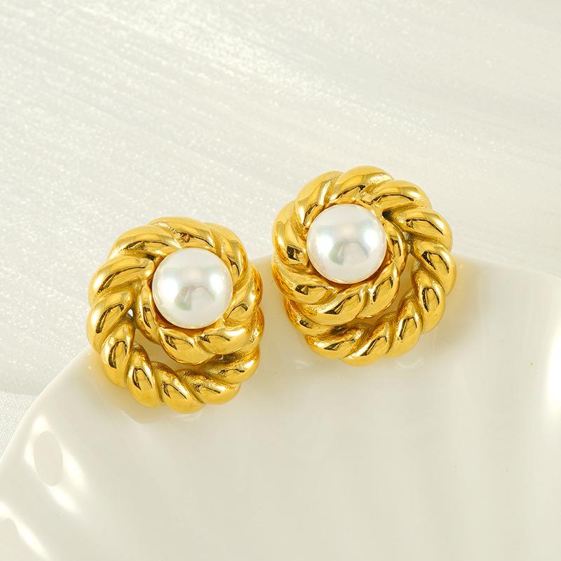 Vintage stainless steel gold stud earrings fashion earrings round inlaid pearl zircon fashion high-end earrings