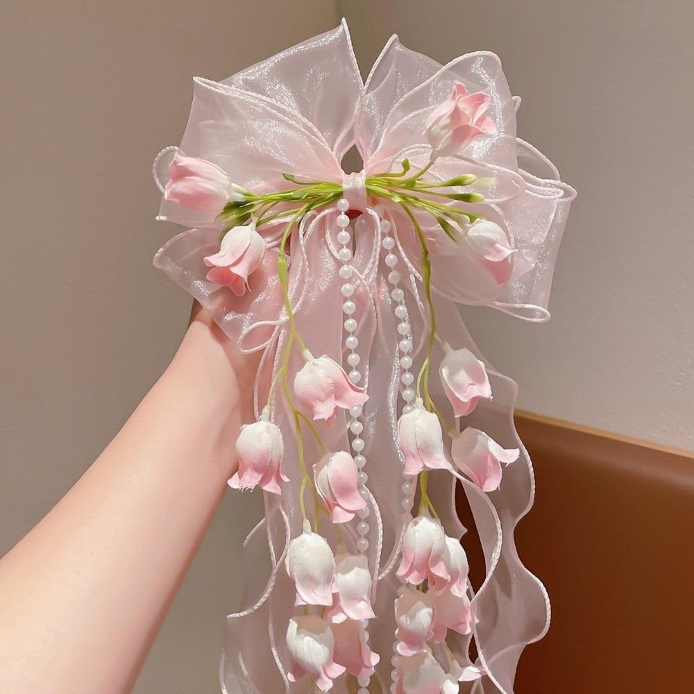 Sweet Fairy Flower Hair Clip Tassel Flower Hairpin Fashionable Lace Bow Duckbill Clip  Daily розовый