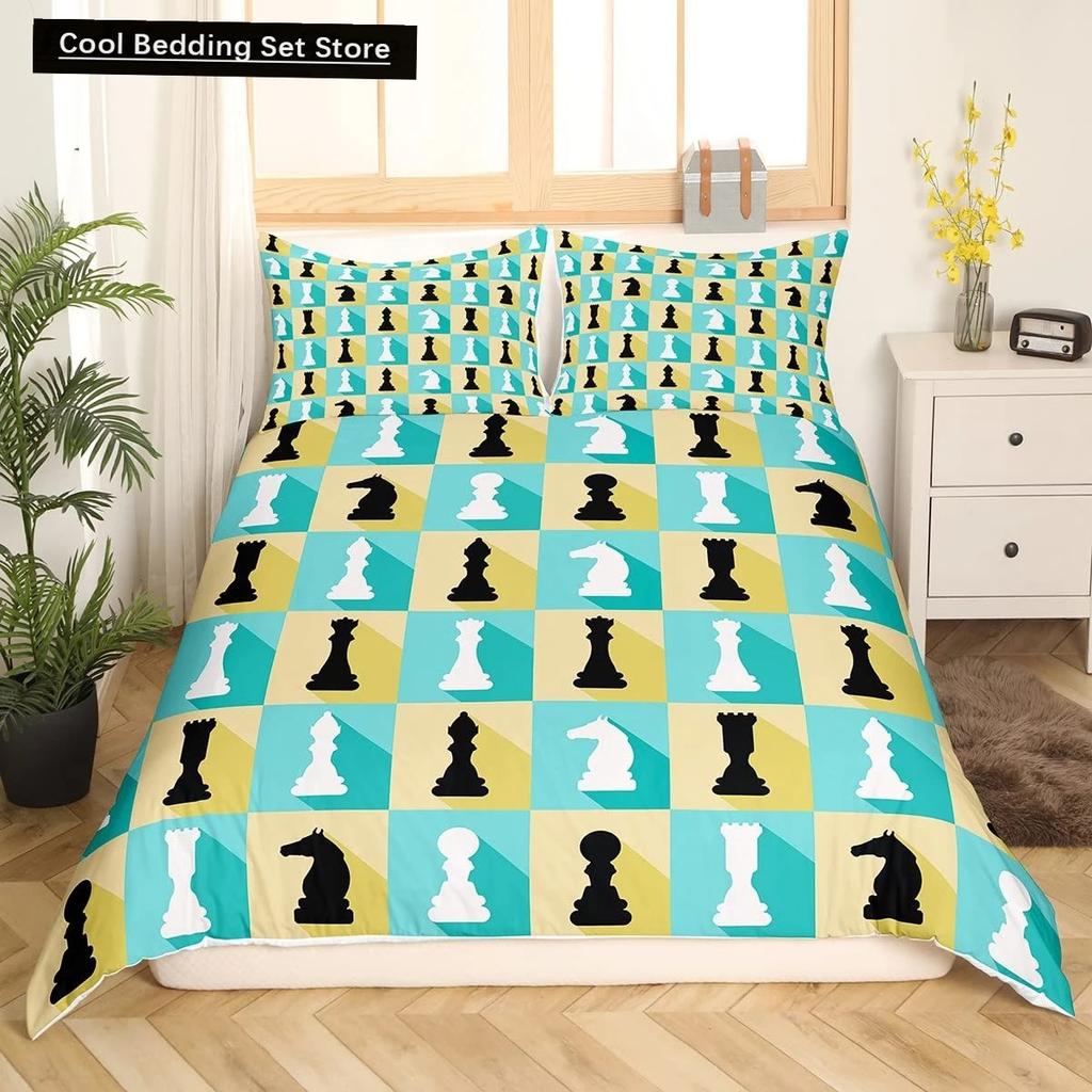 International Chess King Queen Duvet Cover Chess Board Bedding Set Black White Grid Quilt Cover Plaid Polyester Comforter Cover