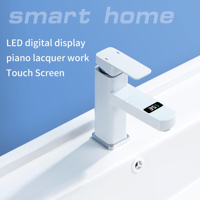 Touch LED Digital Temperature Display Basin Faucet  Cold Mixer Tap Ceramic Valve Core Kitchen Bathroom Accessories White
