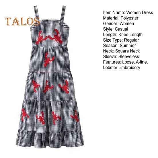 Sommerkleid für Damen, Hummer-Stickerei, ärmellos, kariert, quadratischer Ausschnitt, A-Linie, lockerer Saum, Patchwork, atmungsaktiv, weich, Urlaub, Strand, Midikleid