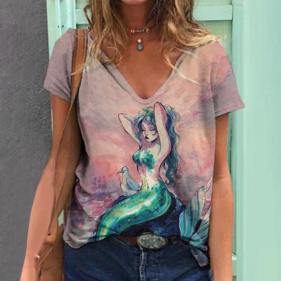Kadın Plaj T-Shirt 3d Denizkızı Baskı Üstleri havai gömleği Büyük Boy Kısa Kollu Tees Gevşek Kadın T Shirt Y2k Bayan Giyim