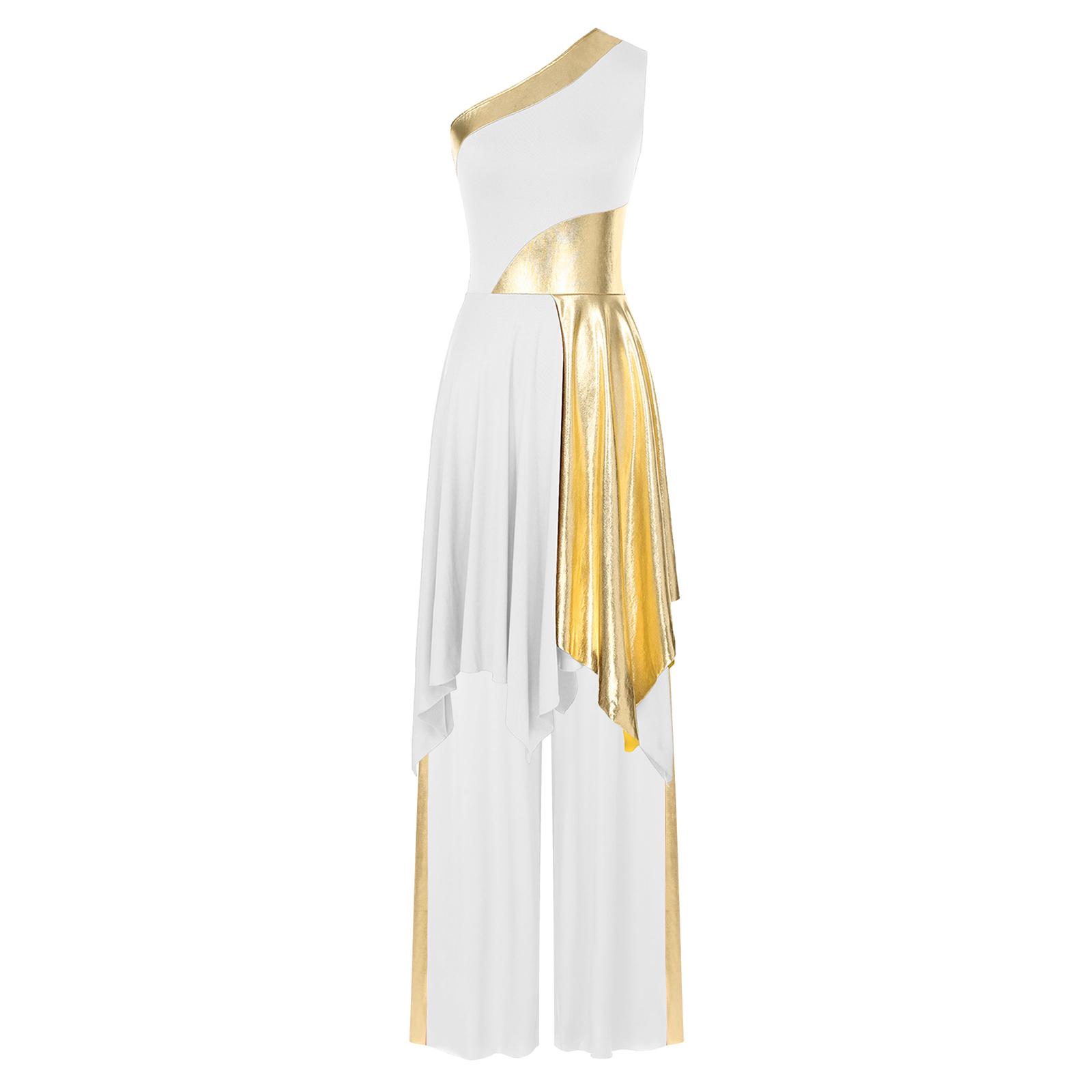 

S-XXL Women Modern Praise Dance Costume One Shoulder Sleeveless Color Block Dress Metallic Patchwork Palazzo Pants for Church Performance S