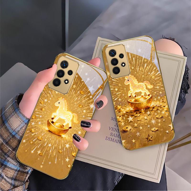 The shining golden pony For Samsung A 01 52S A04 A05S A10 A12 A13 22 23 24 36 42 M02 Note 10 20Ultra 8 9 Golden glass phone case