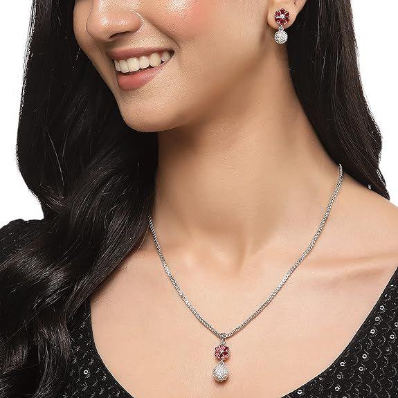 Rhodium-Plated Silver Toned Green Cubic Zirconia Studded Floral Shaped Cute Pendant with Earrings Jewellery Set for Girls and Women
