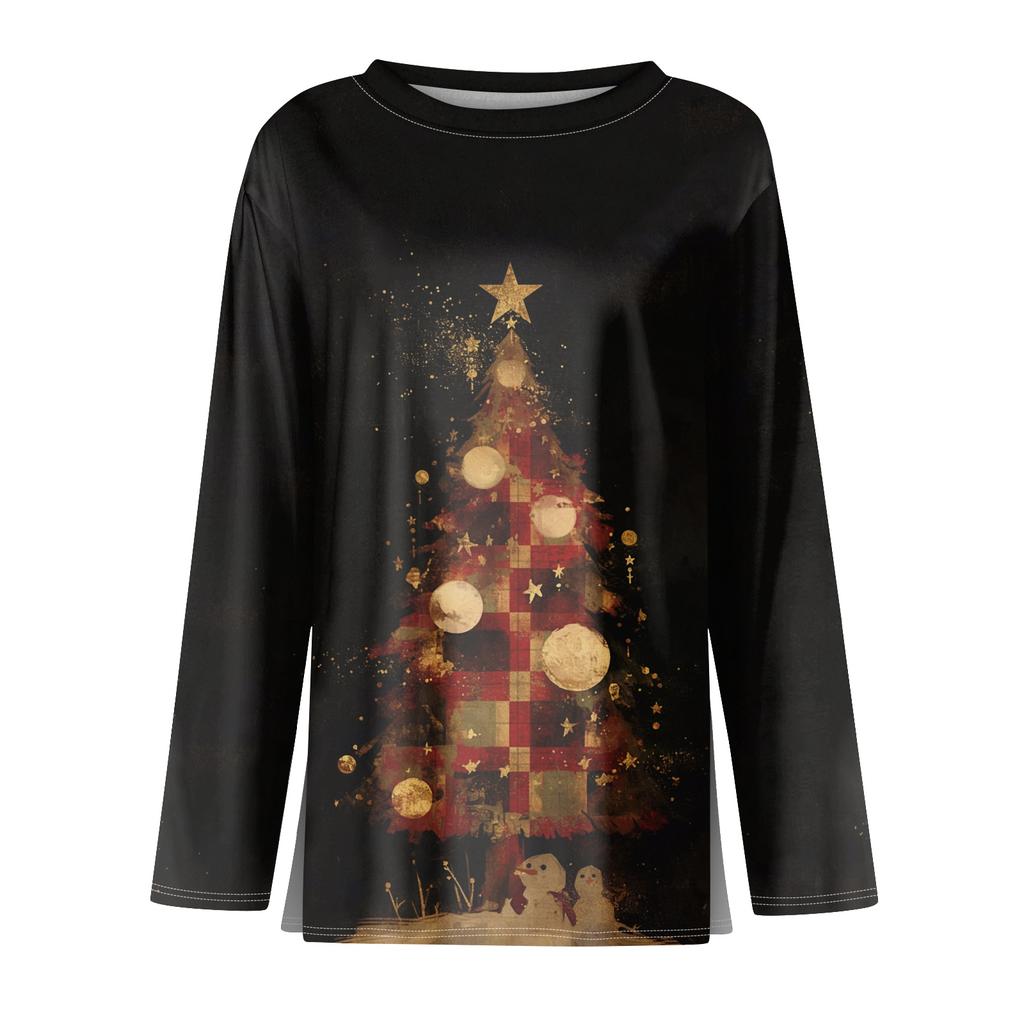 Dame Mote Casual Slitt Kant Rund Hals Langermet Løs Trykket T-skjorte Topp