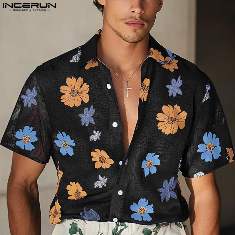 

INCERUN Summer Men Short Sleeves Mesh Sheer See Through Loose Shirts S чёрный