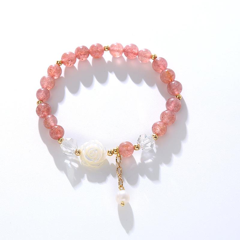 Sweet Pink Strawberry Crystal Camellia Pearl Bracelet Bangles Women Fashion Jewelry accessories Gift