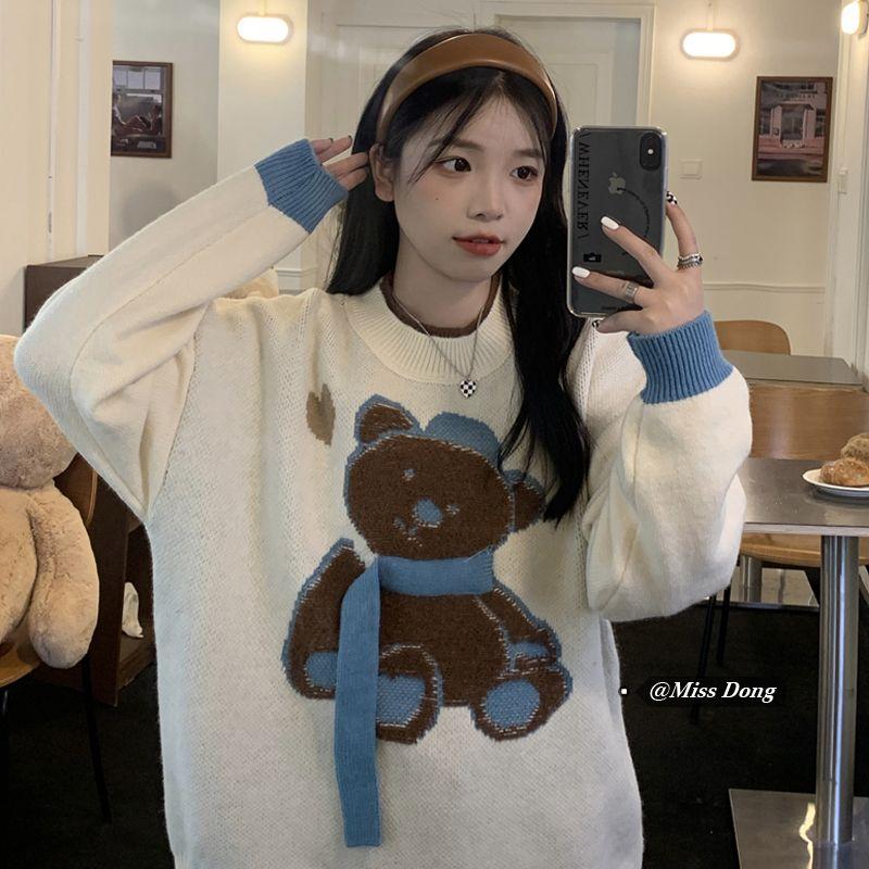 Осенне-зимний женский свитер с рисунком медведя и буквами, милые свободные вязаные женские топы с длинными рукавами и v-образным вырезом One Size бежевый