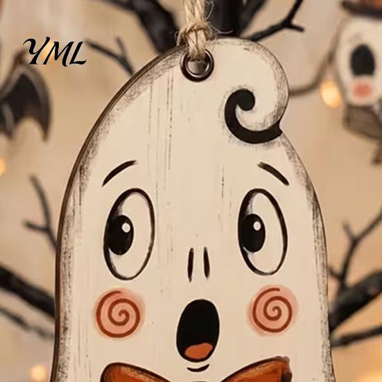 Cute Ghost Pumpkin Decor 6 Pcs Vintage Halloween Wooden Ornaments, Rustic Farmhouse Cat Owl Small Cutouts for Crafts Hanging Decorations Tree