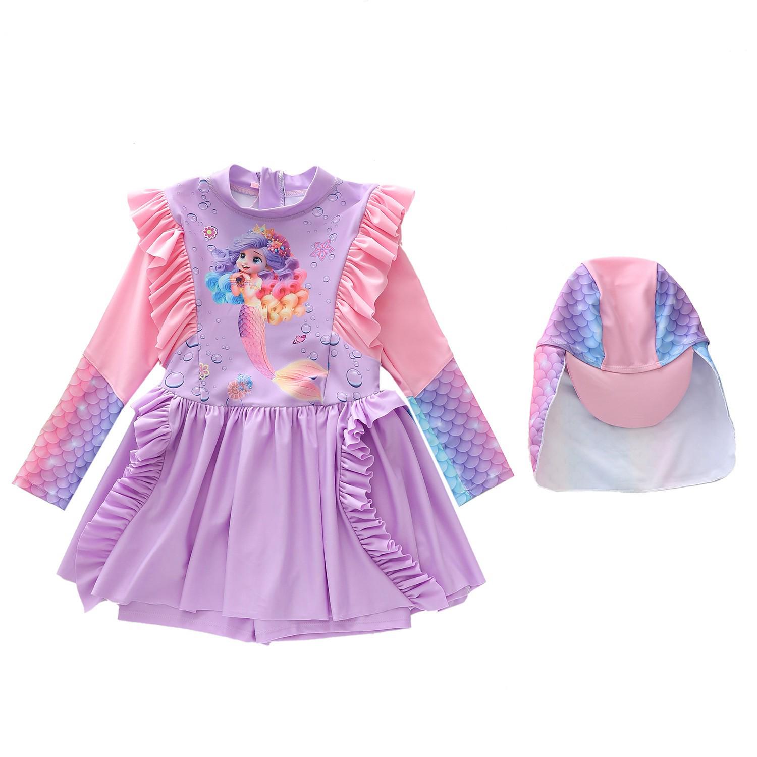 Girls Ruffle Long-Sleeve One-Piece Swimsuit for Toddlers & Children, New Style XL (100-110cm, 32-39 lbs)
