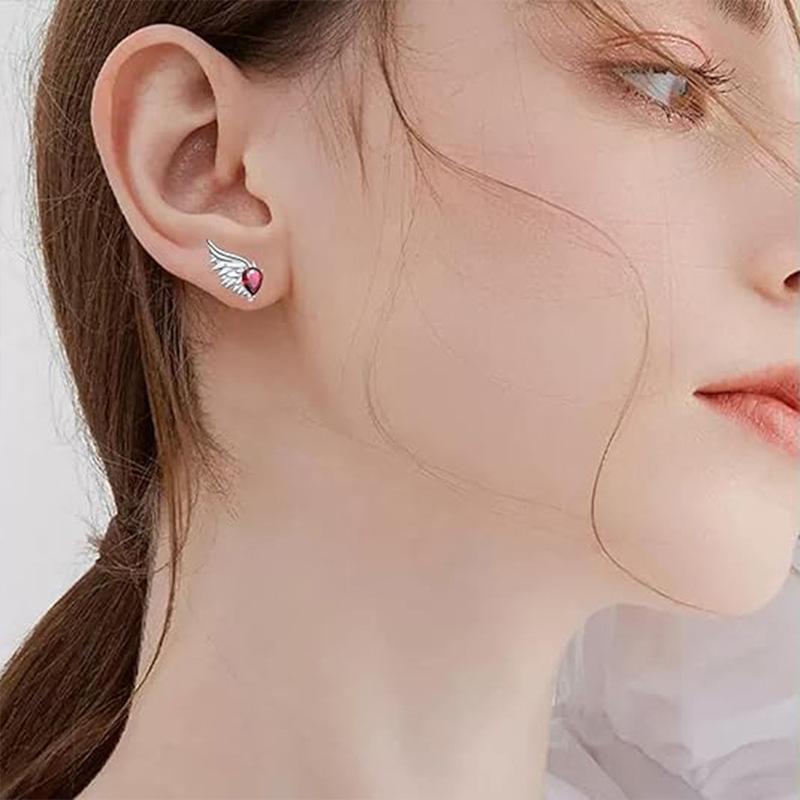 Gothic Punk Red Zircon Wing Earrings for Women Feather Angel Devil Ear Studs Unique Graduation Nightclub Look