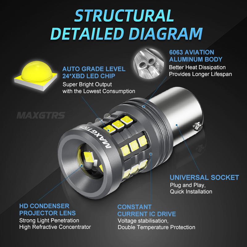 MAXGTRS 2x 1156 LED P21W BA15S 7440 W21W XBD Chip Turn Signal Light Backup Bulb Reverse Tail Lamp